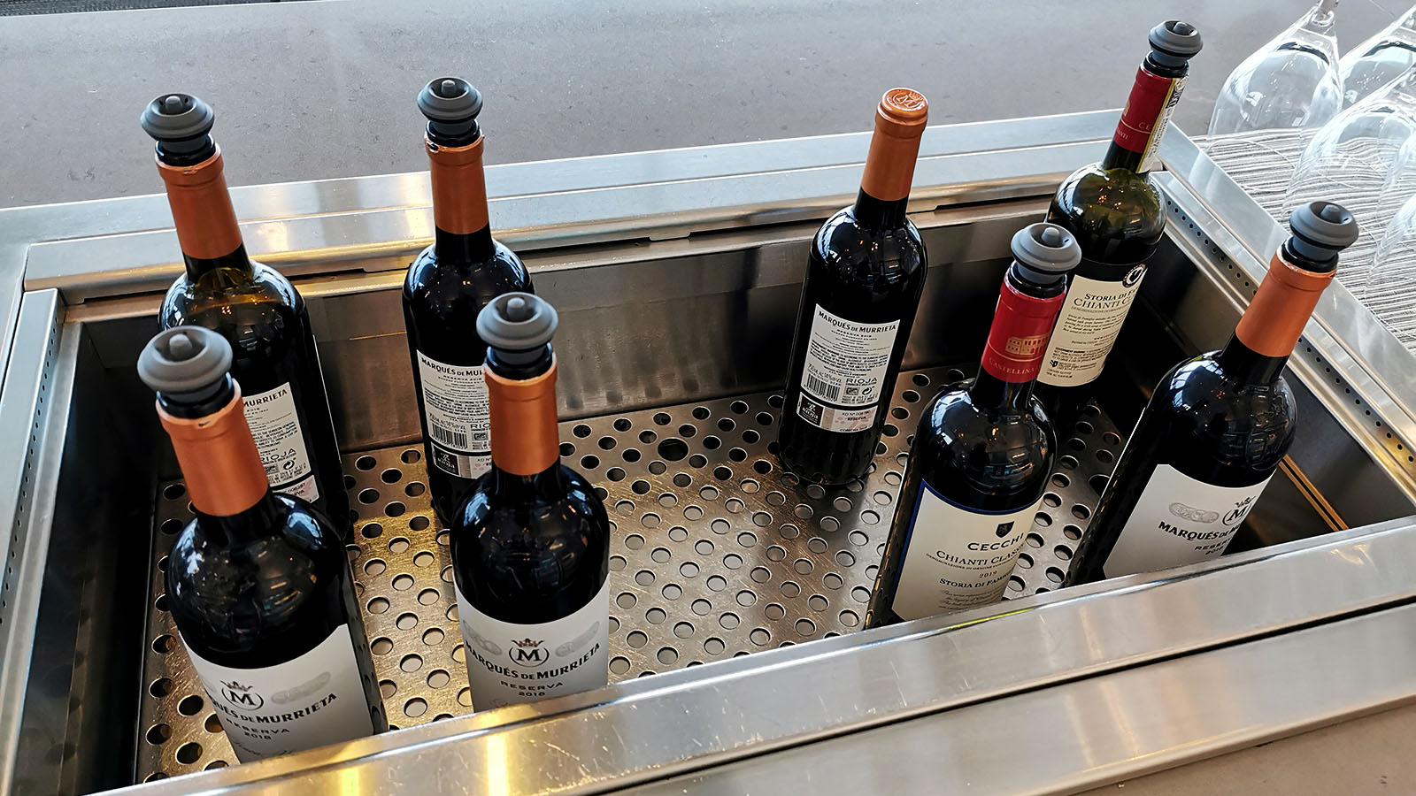 Wine bottles in the American Airlines Flagship Lounge, Los Angeles