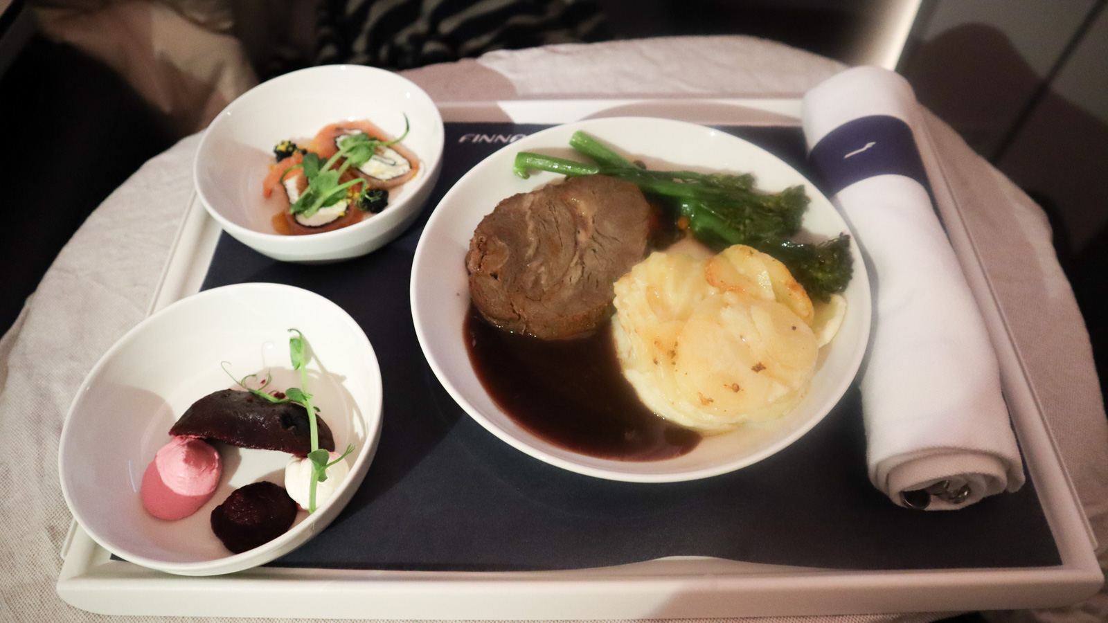 Dinner served onboard Finnair A350 Business Class from HEL-HKG