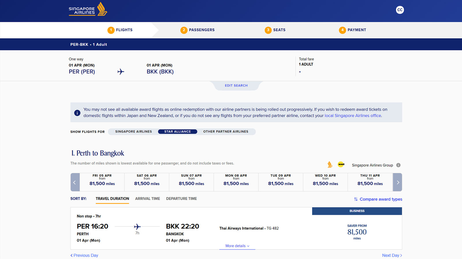 Use Singapore Airlines KrisFlyer miles to book Thai Airways' flights from Perth to Bangkok
