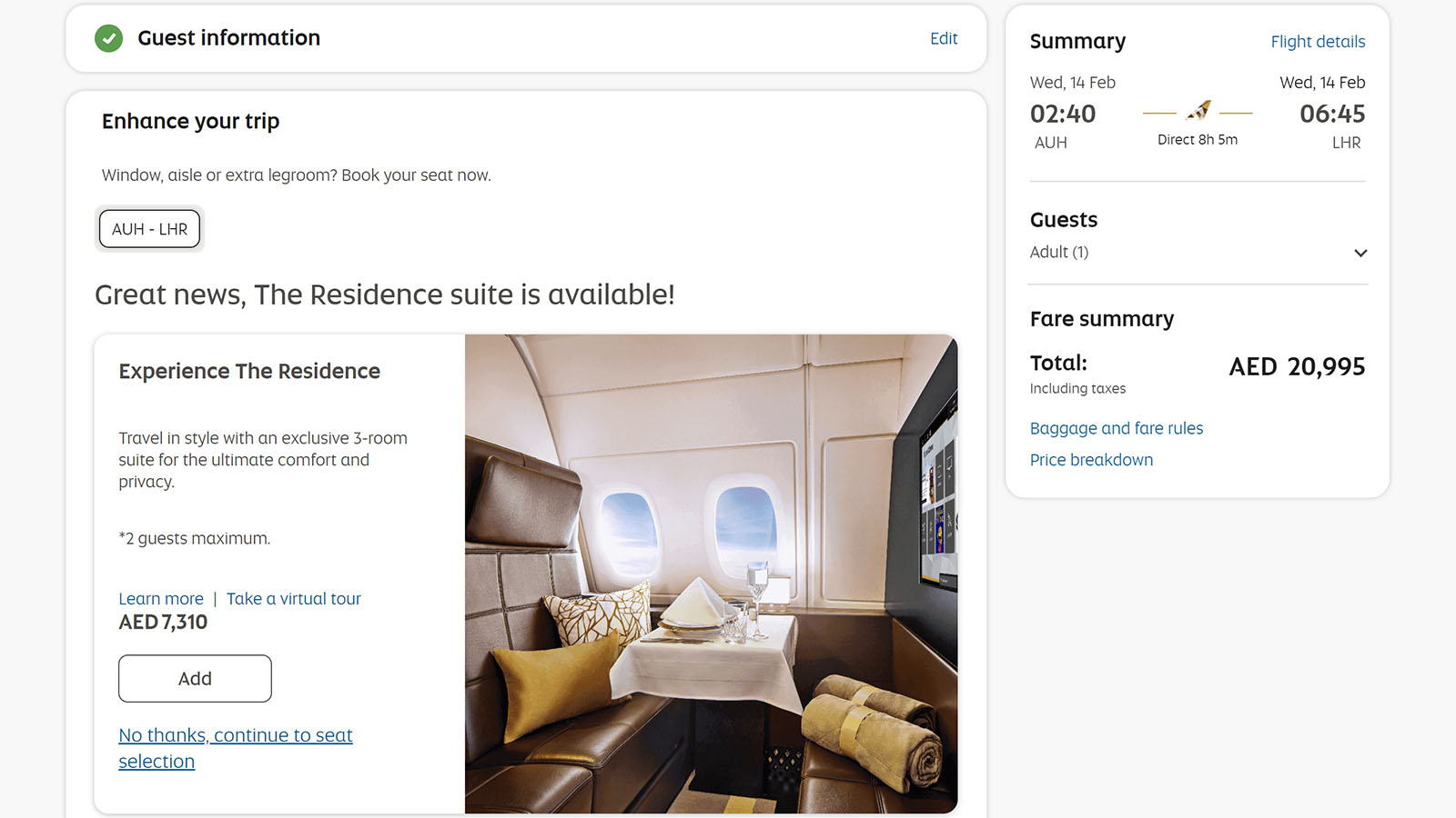 Upsell to Etihad's The Residence