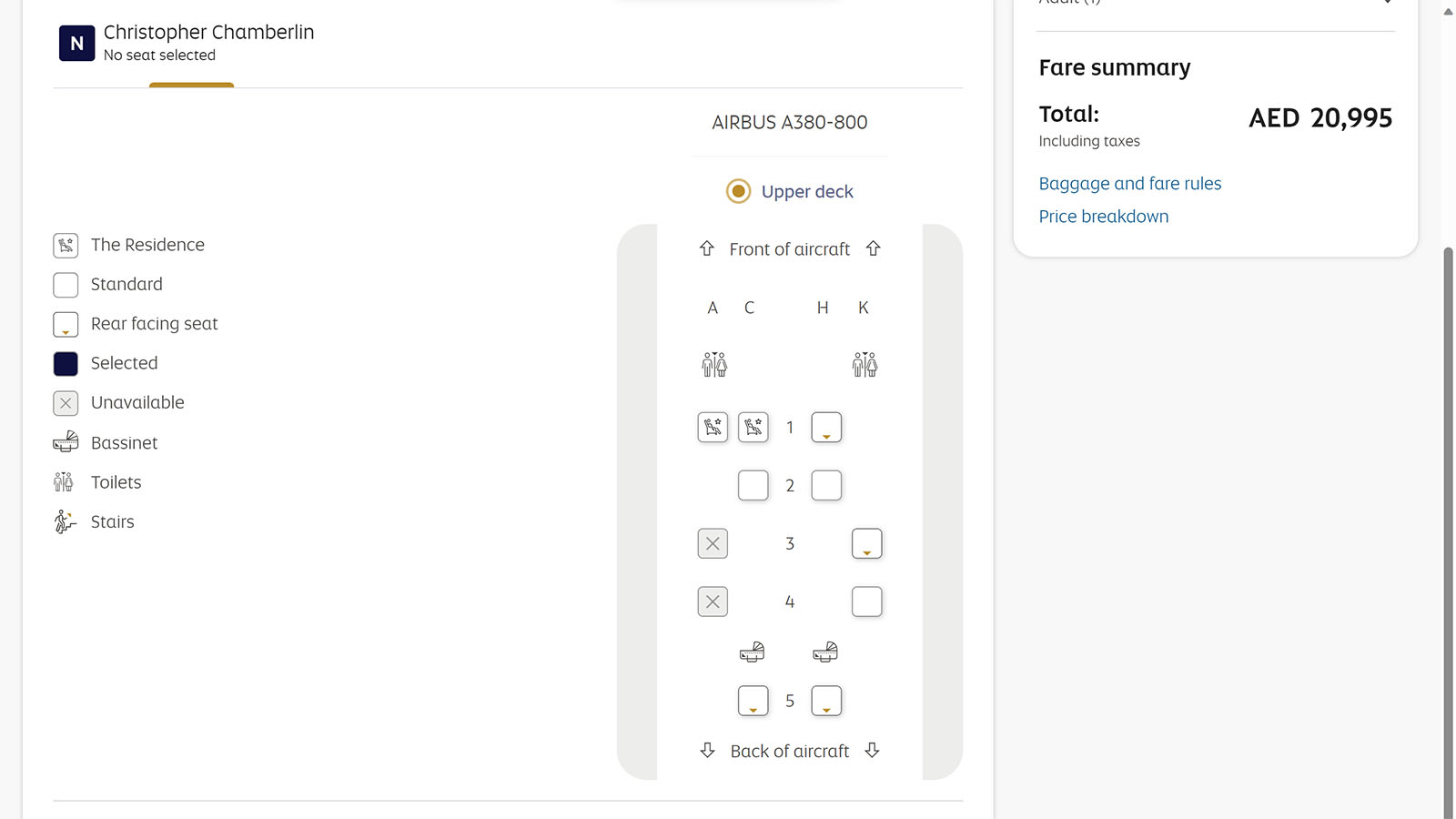 Click The Residence on Etihad's seat map