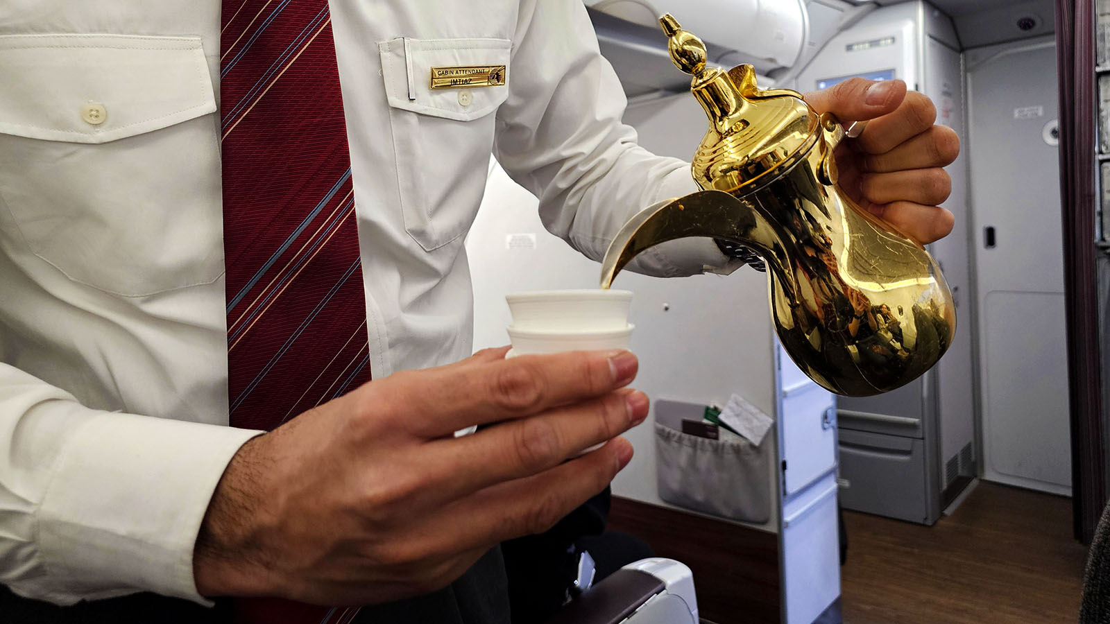 Coffee pot in First Class on Qatar Airways' Airbus A320