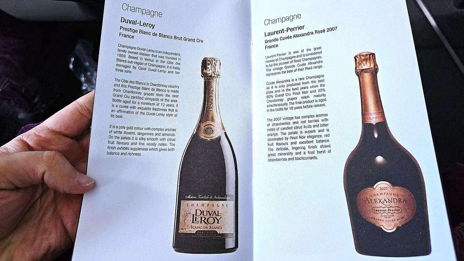 Wine menu on Business Class on Qatar Airways' Airbus A320