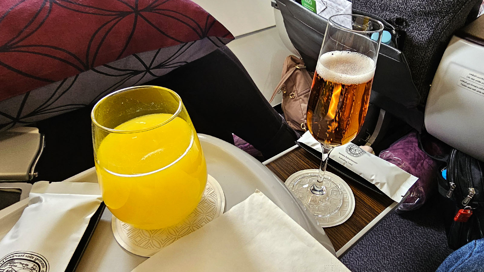 Champagne in Business Class on Qatar Airways' Airbus A320