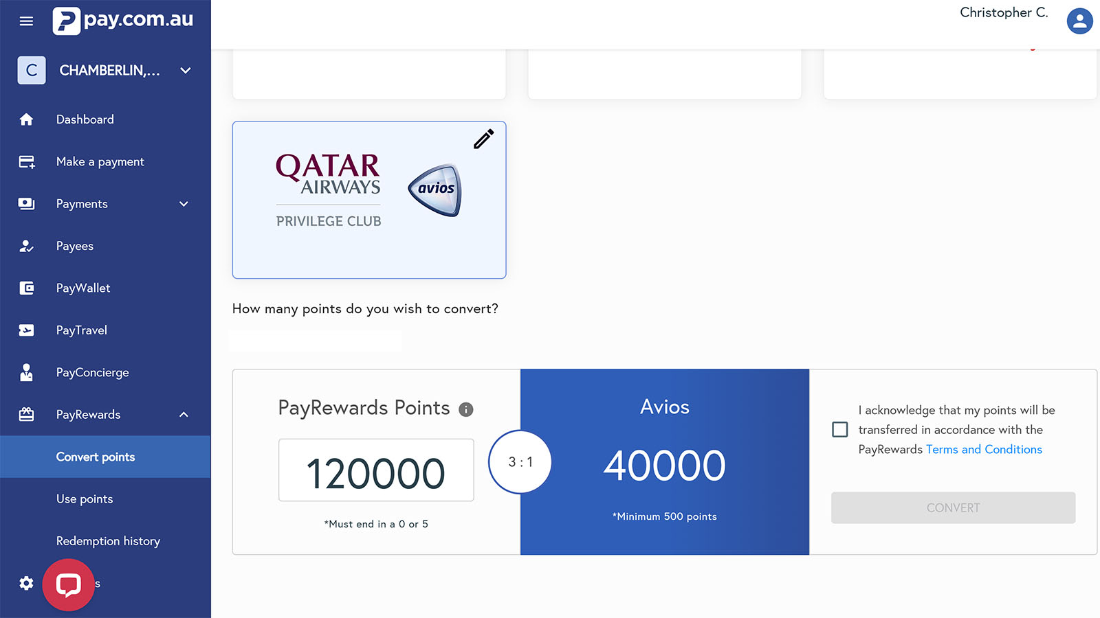Transfer points from PayRewards to Qatar Airways Privilege Club