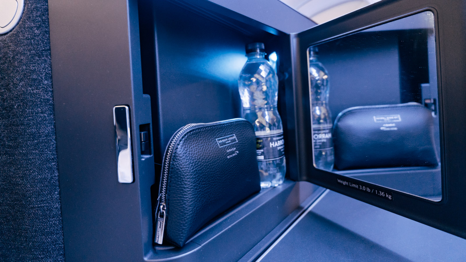 British Airways Club Suites amenity kit storage