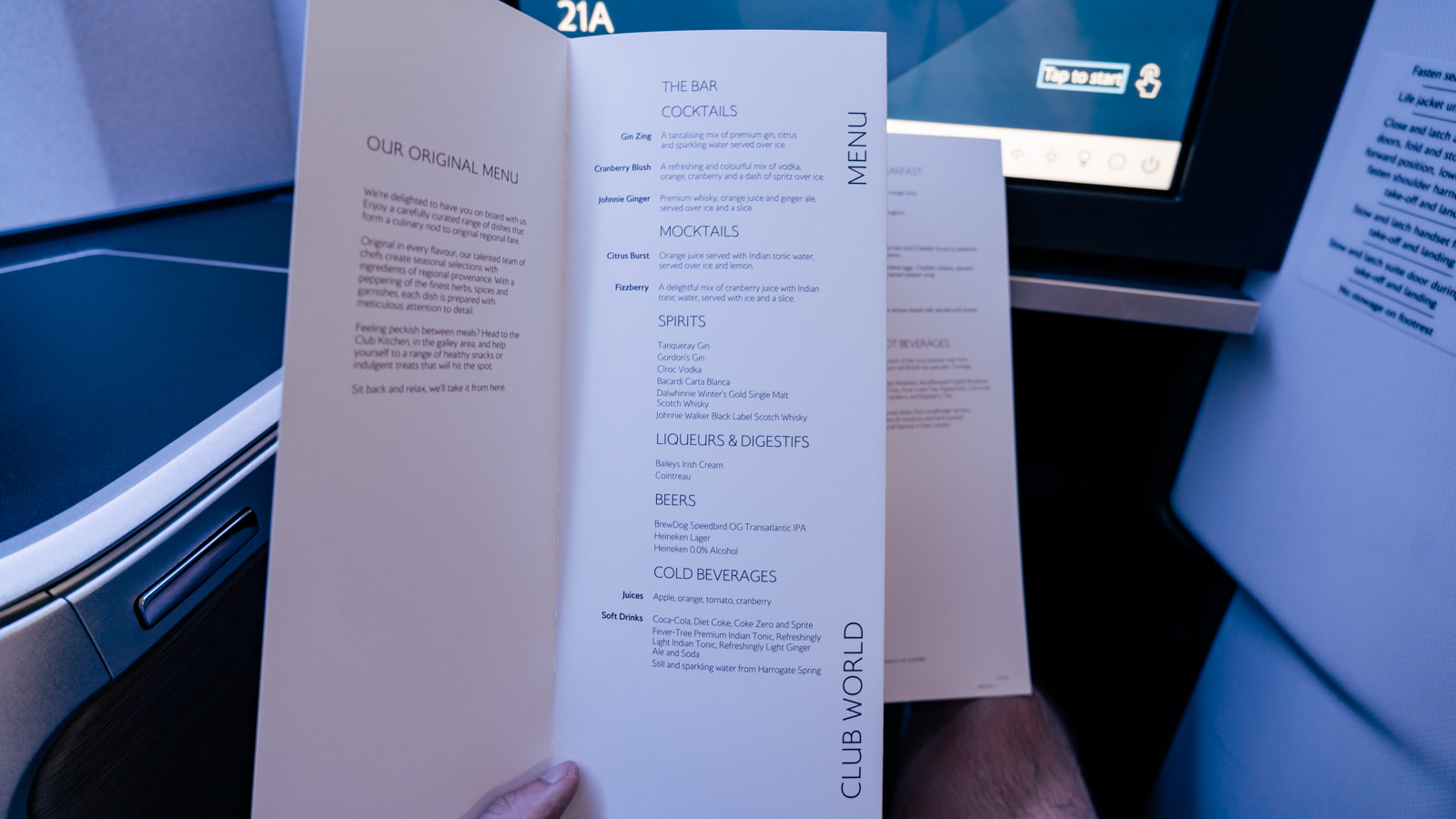 British Airways Club Suites beverage menu