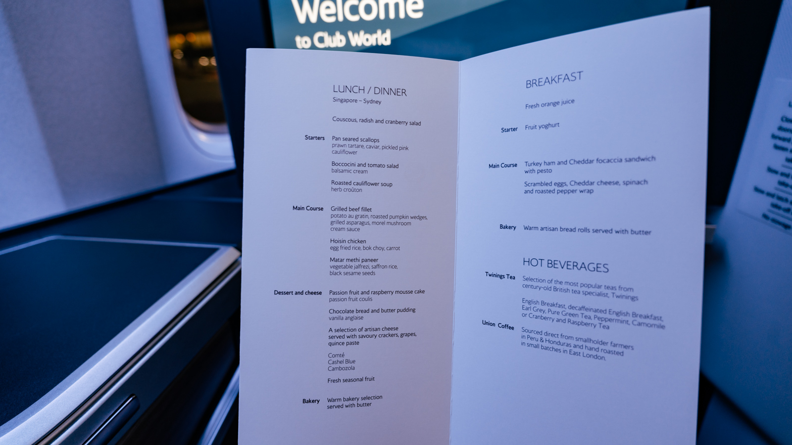 British Airways Club Suites food menu.
