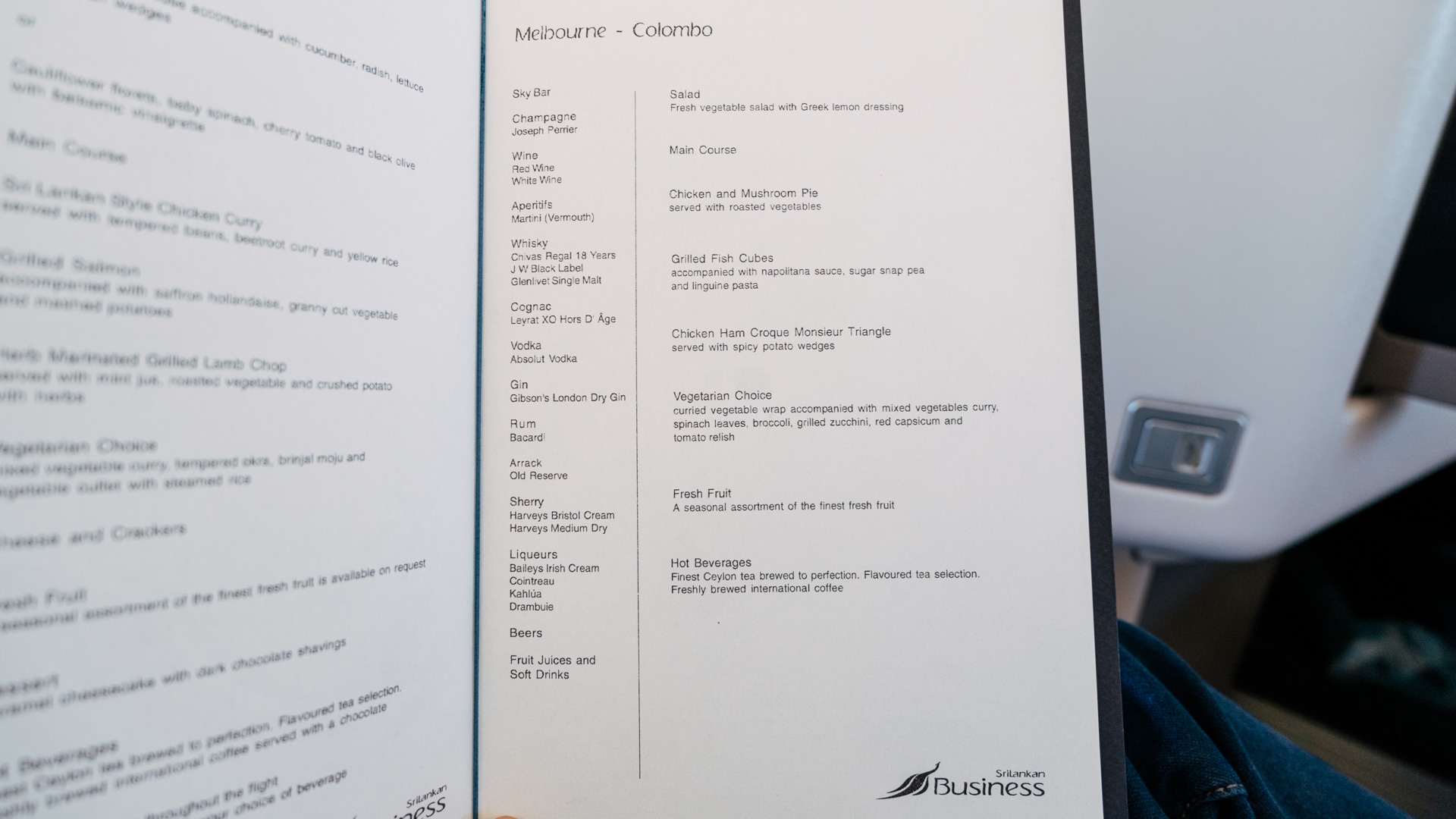 SriLankan Airbus A330 Business Class supper menu