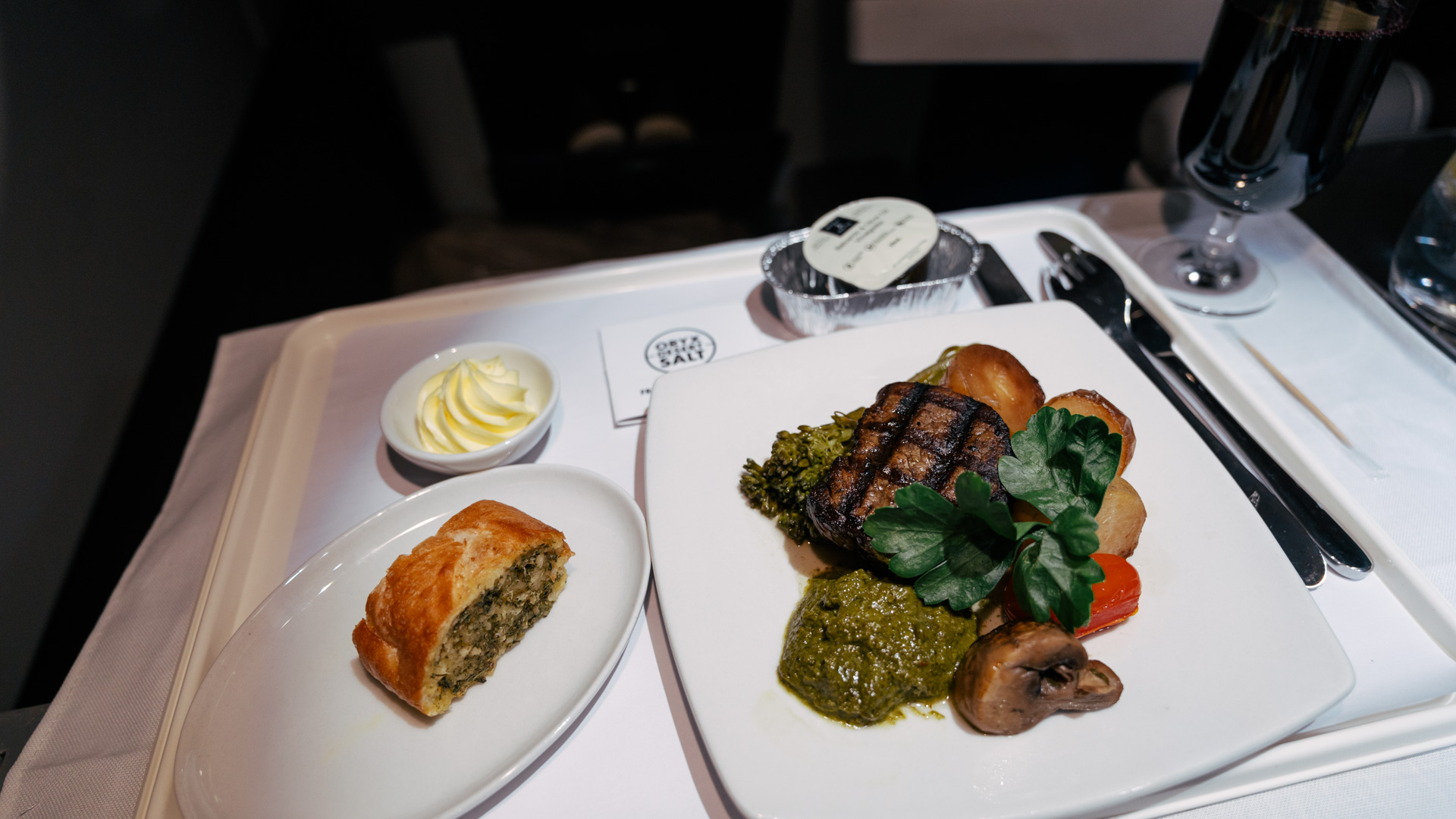 South African Airways A340 grilled beef