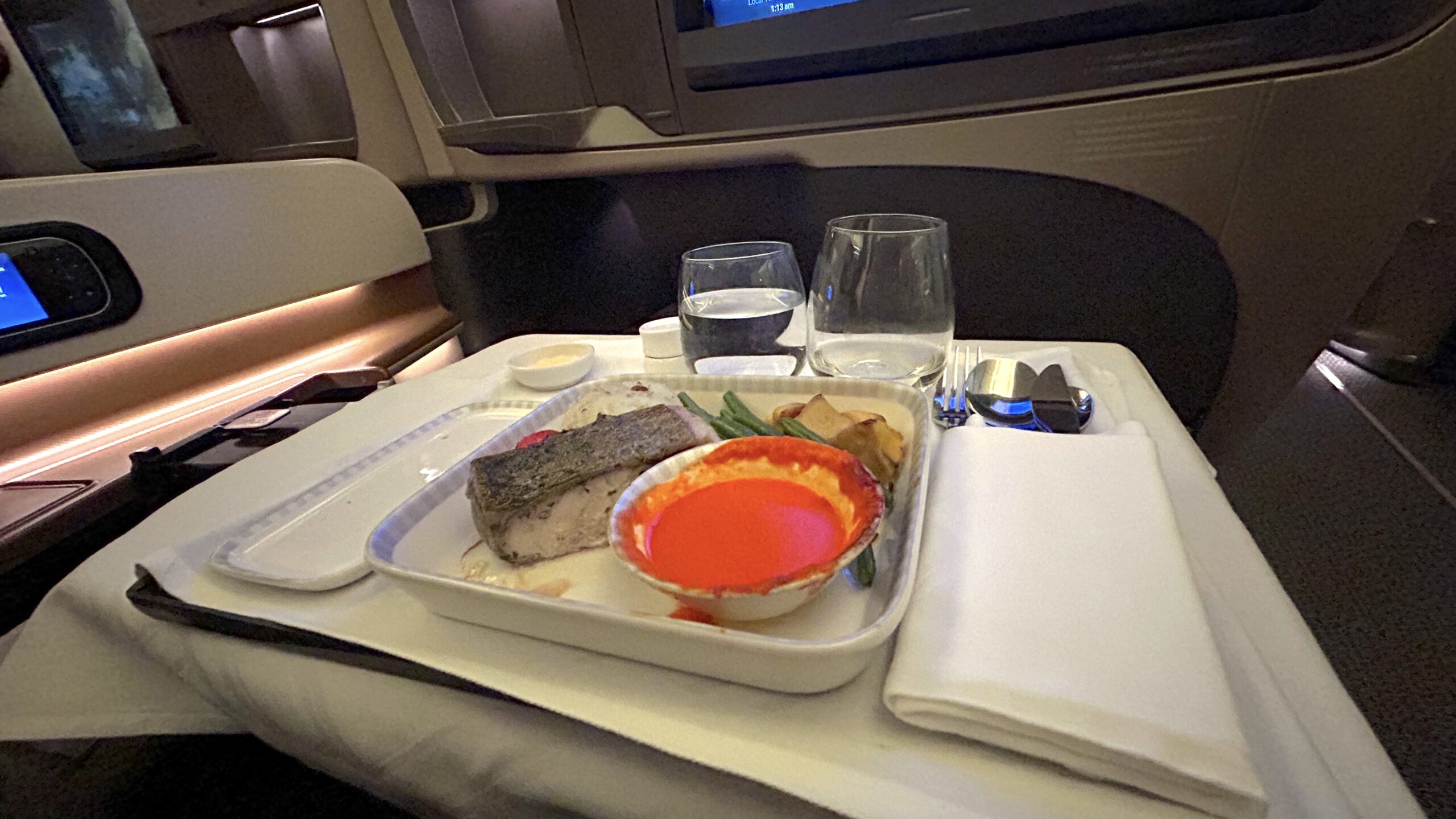 Singapore Airlines A350 Business Class Singapore to Brussels Seared Filet of Barramundi with Red Capsicum Main Meal Point Hacks by Daniel Sciberras