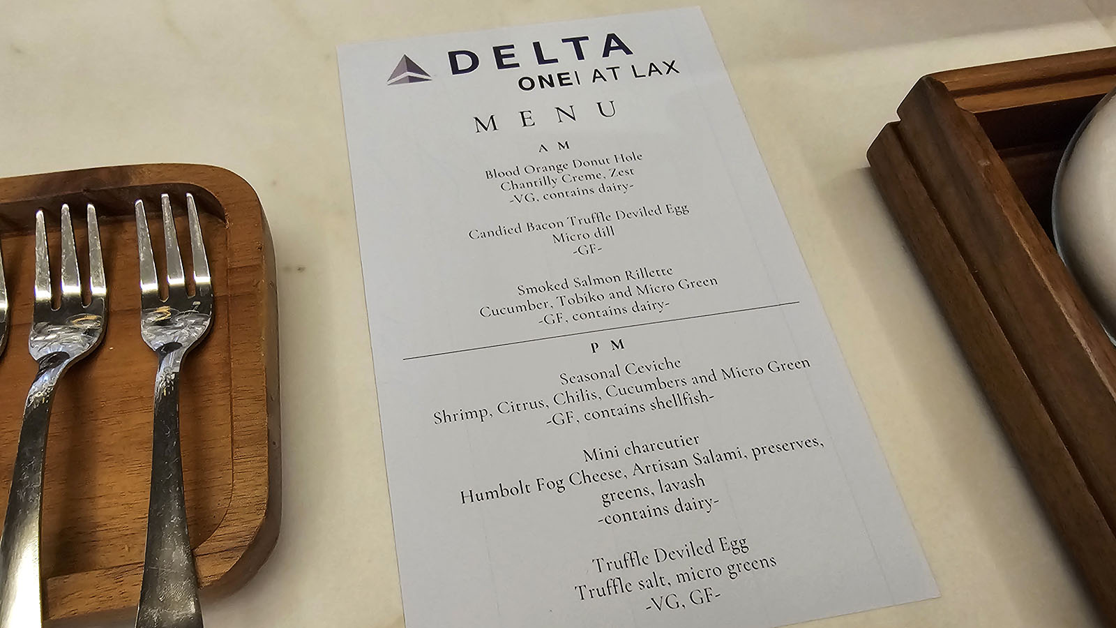 Refreshment menu for Delta One flyers at LAX