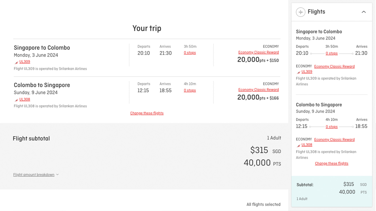 Sri Lankan Airlines SIN-CMB using Qantas Points