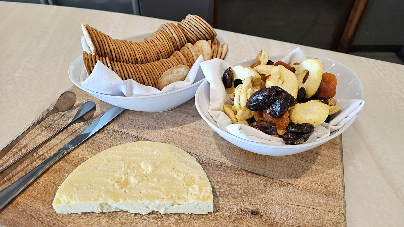 Cheese and accompaniments in the Virgin Australia Lounge, Canberra