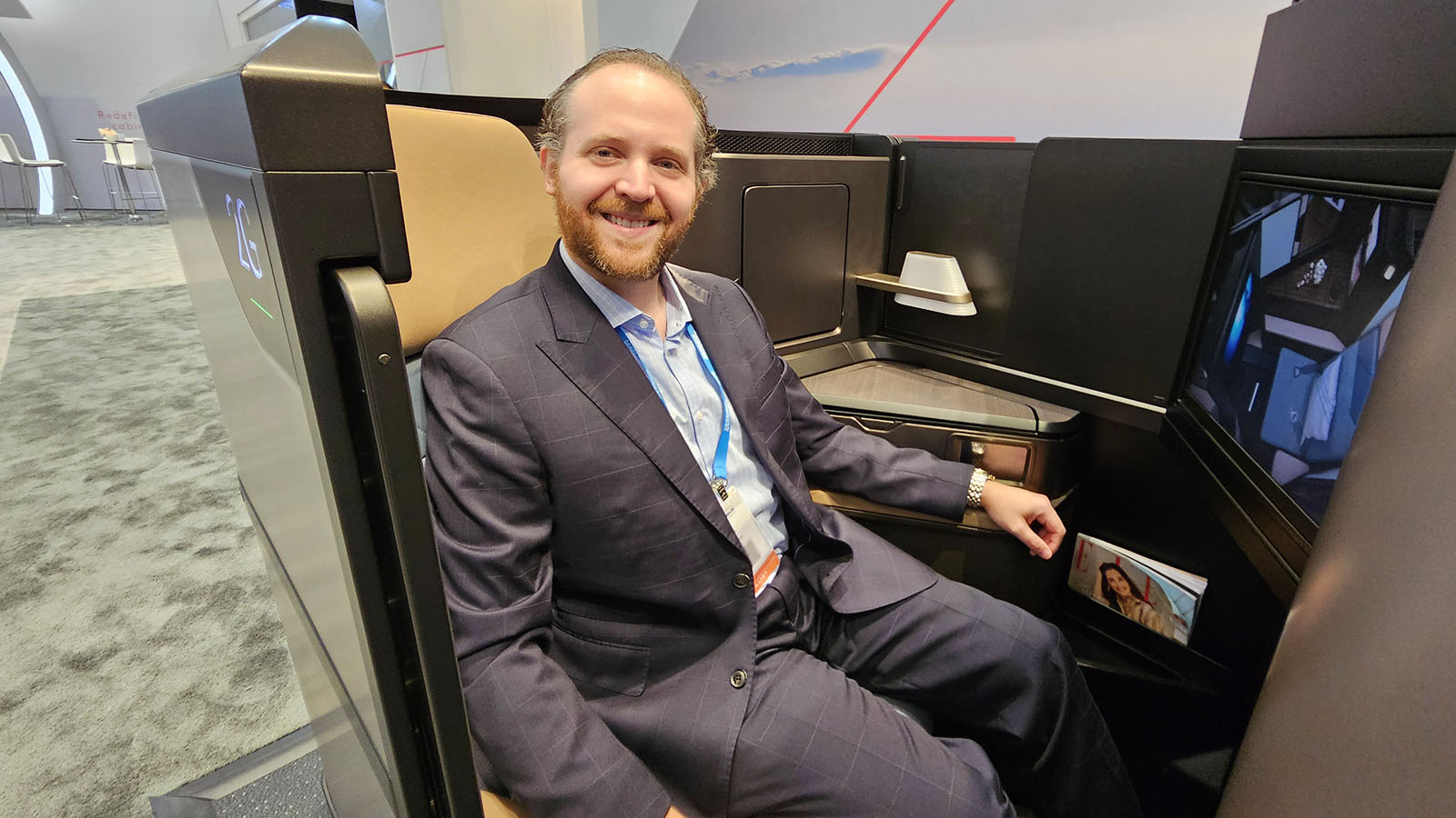 Chris Chamberlin sits in Etihad's new Boeing 787 Business Class