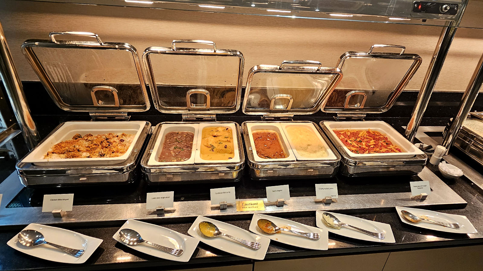 Hot dishes in the Emirates Business Class Lounge, Dubai T3 Concourse C