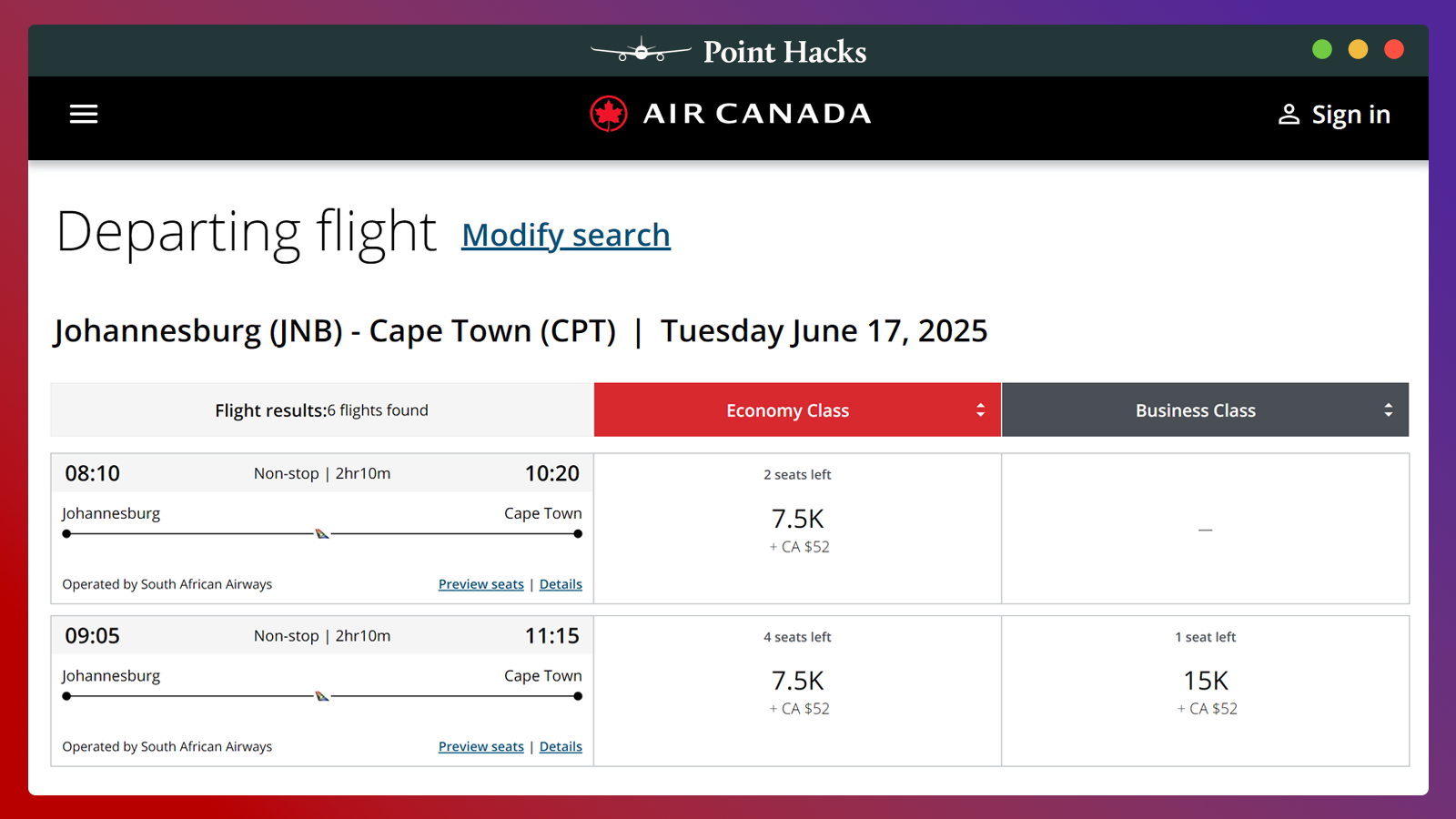 South African Airways on Air Canada