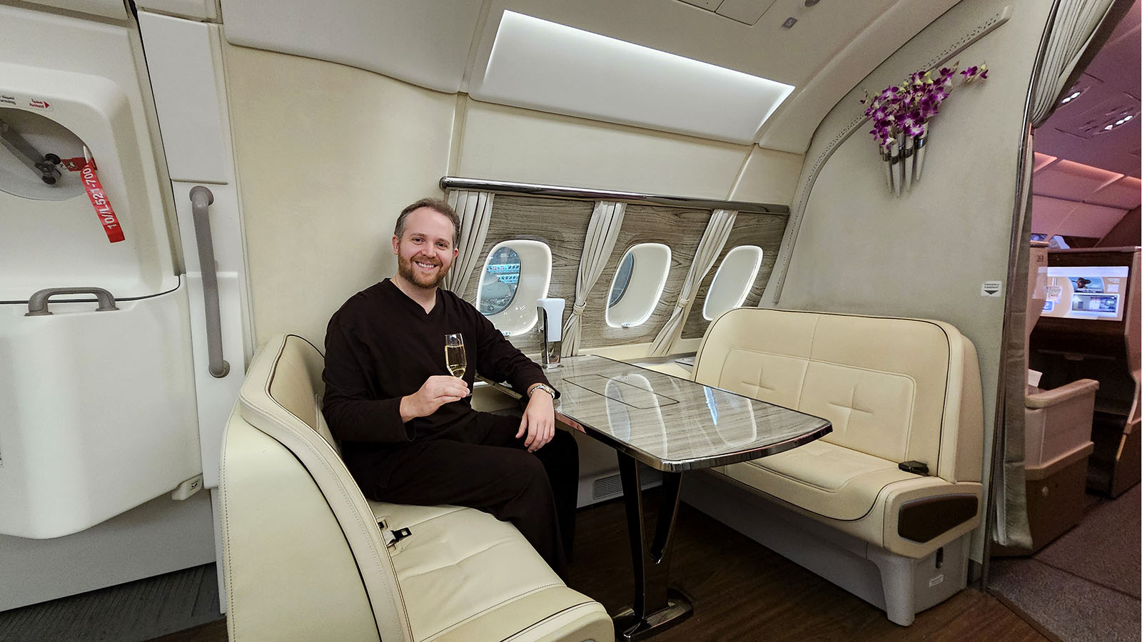 Champagne in the Emirates A380 onboard lounge