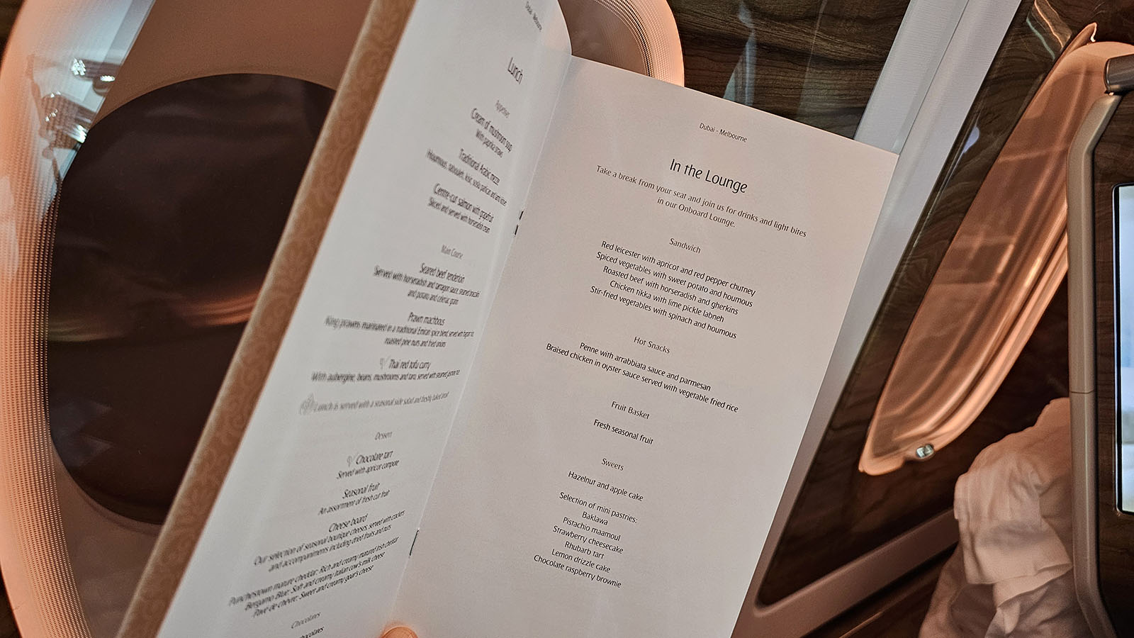 List of food for the Emirates A380 onboard lounge