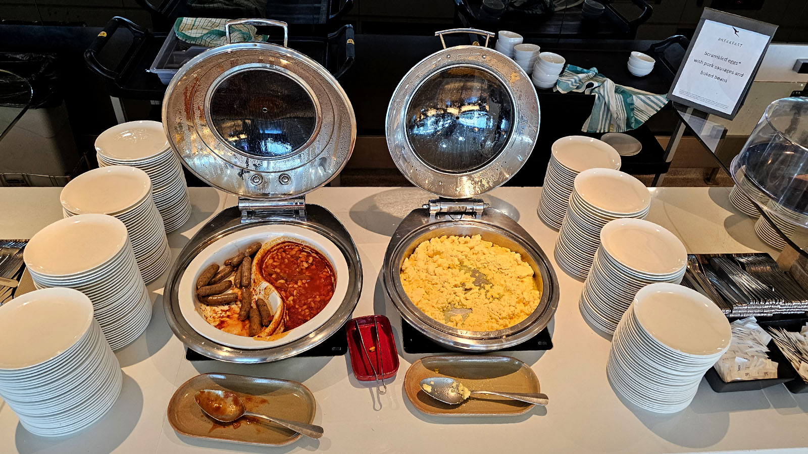 Sausages and eggs in the Qantas Domestic Business Lounge, Canberra