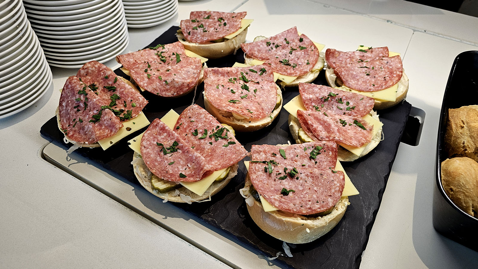 Pre-made rolls in the Qantas Domestic Business Lounge, Canberra