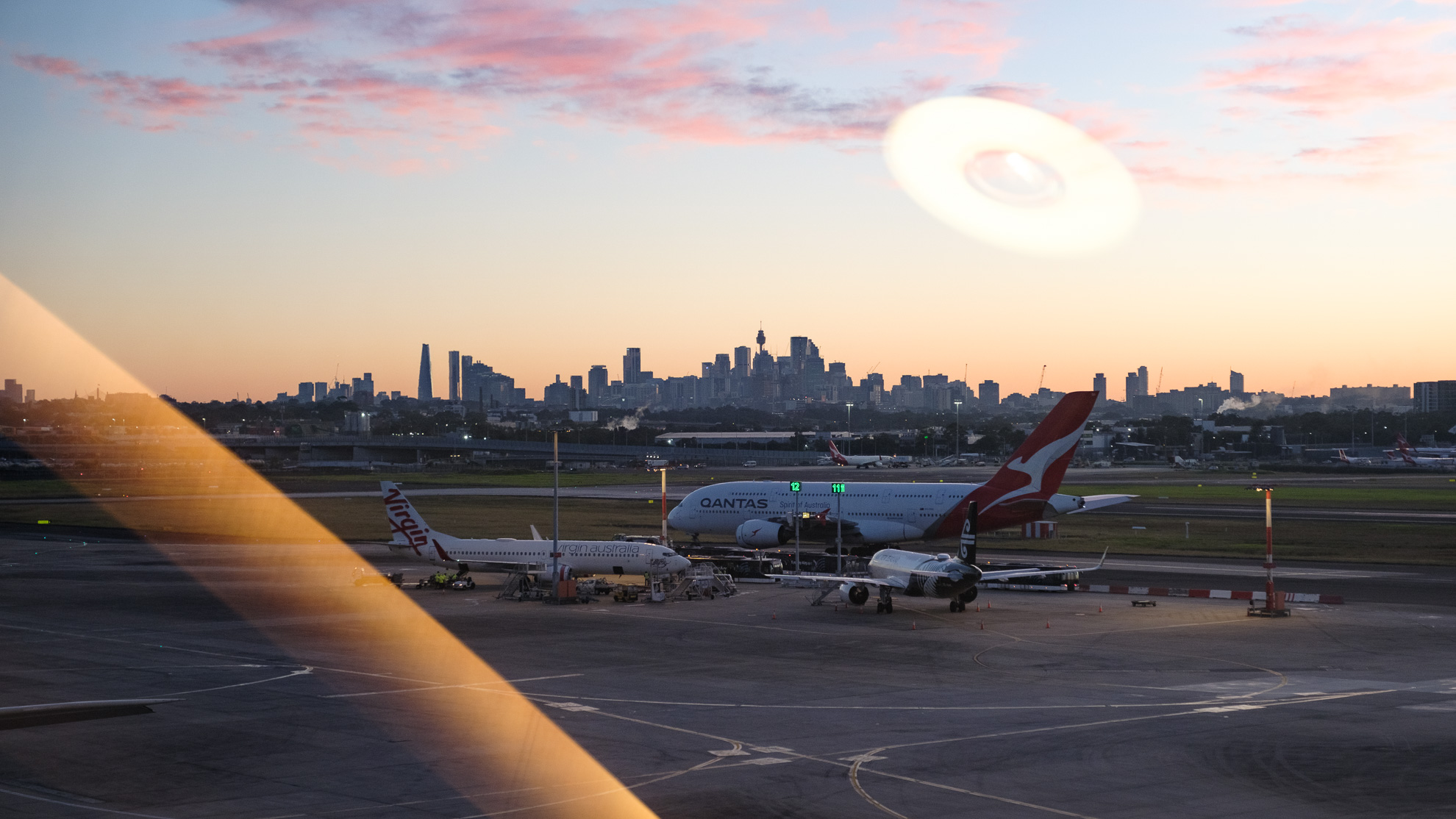 Sunrise over Sydney from the Qantas First Lounge