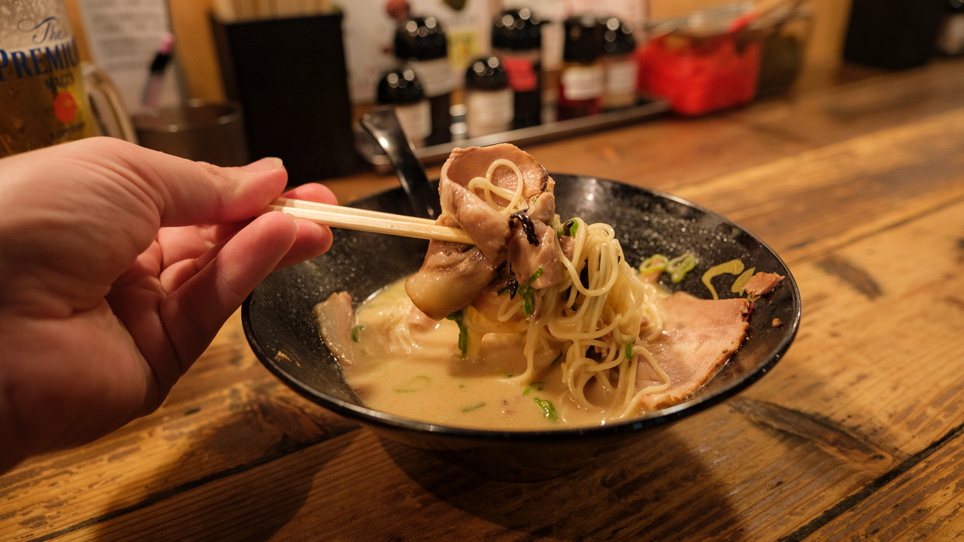 Eating tonkotsu ramen in Fukuoka