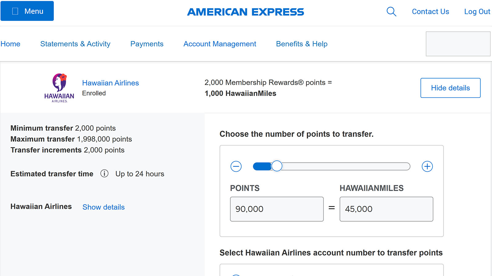 Transferring American Express Membership Rewards points to Hawaiian Airlines for an upgrade