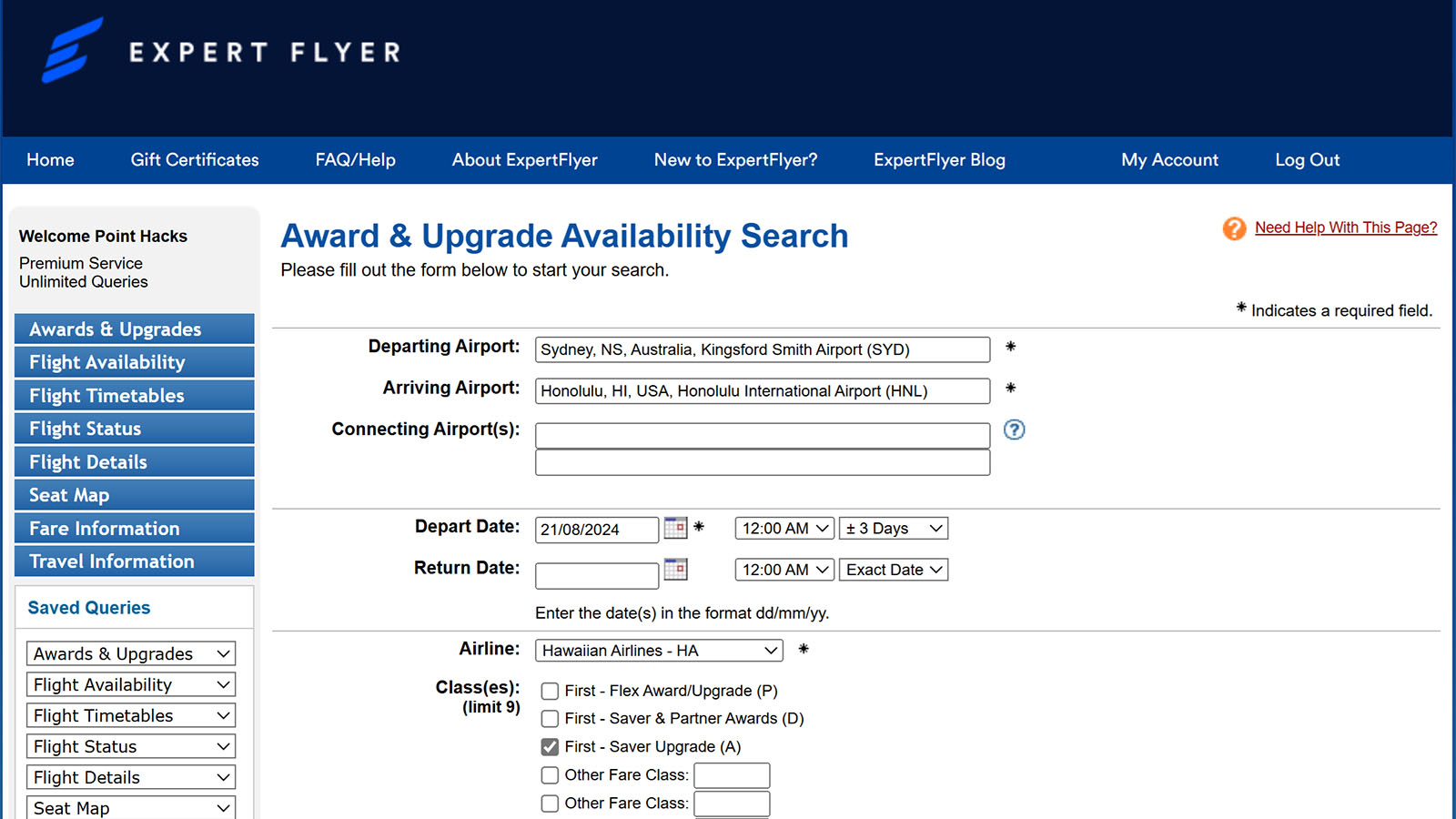 Searching for a Hawaiian Airlines upgrade on ExpertFlyer