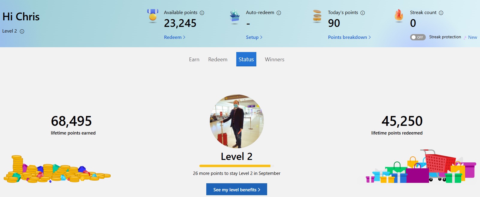 Screenshot of Microsoft Rewards tier progress portal