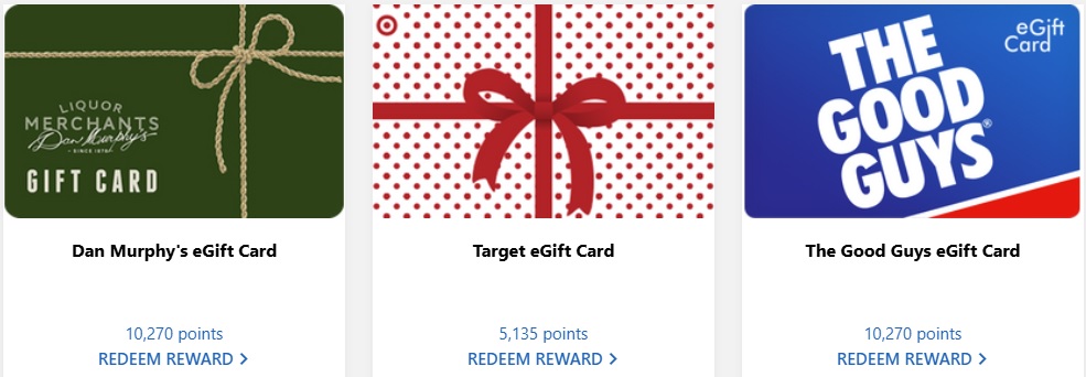 Screenshot of gift card options on the Microsoft Rewards website