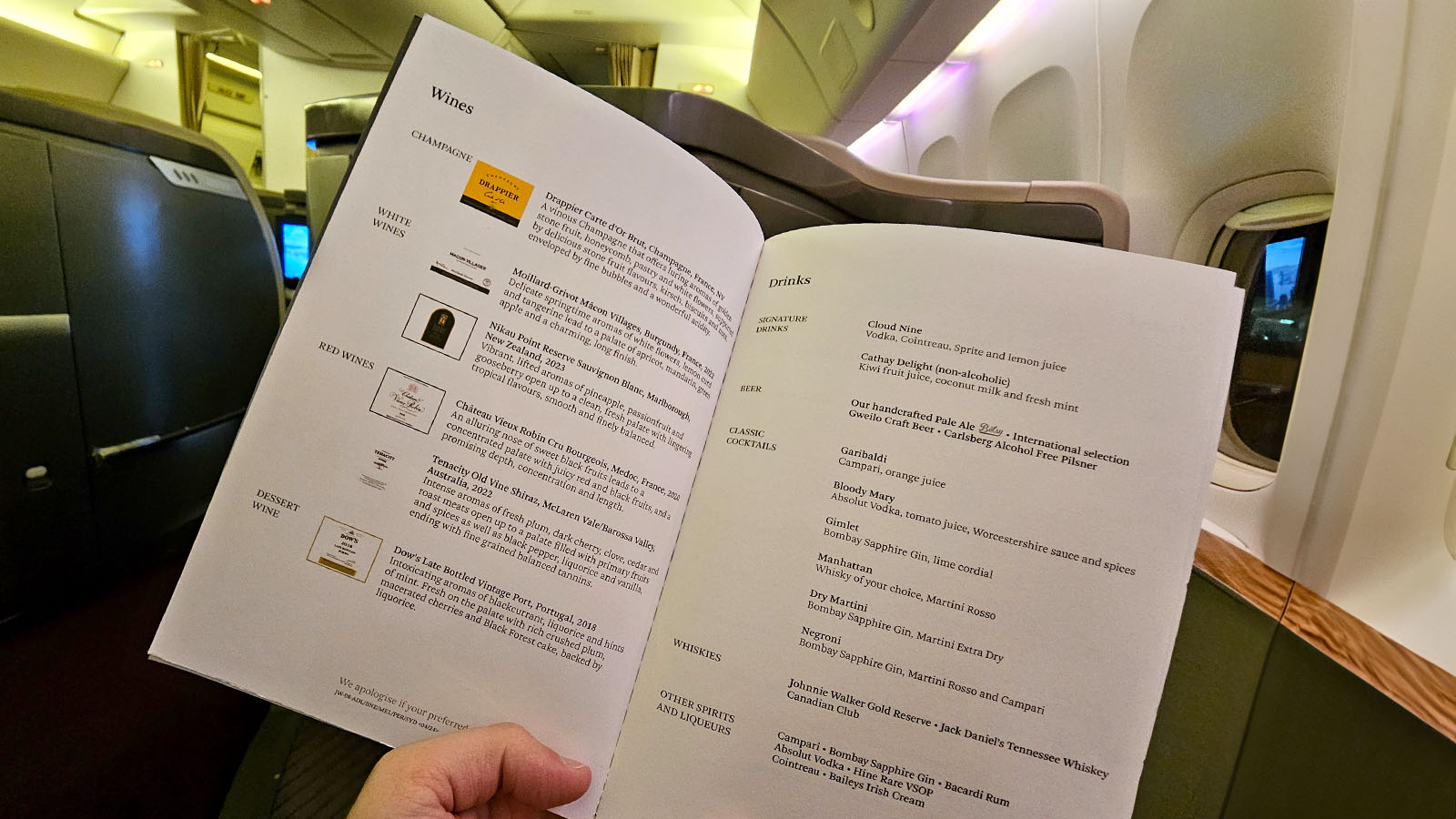 Wine list in First Class on the Cathay Pacific Boeing 777