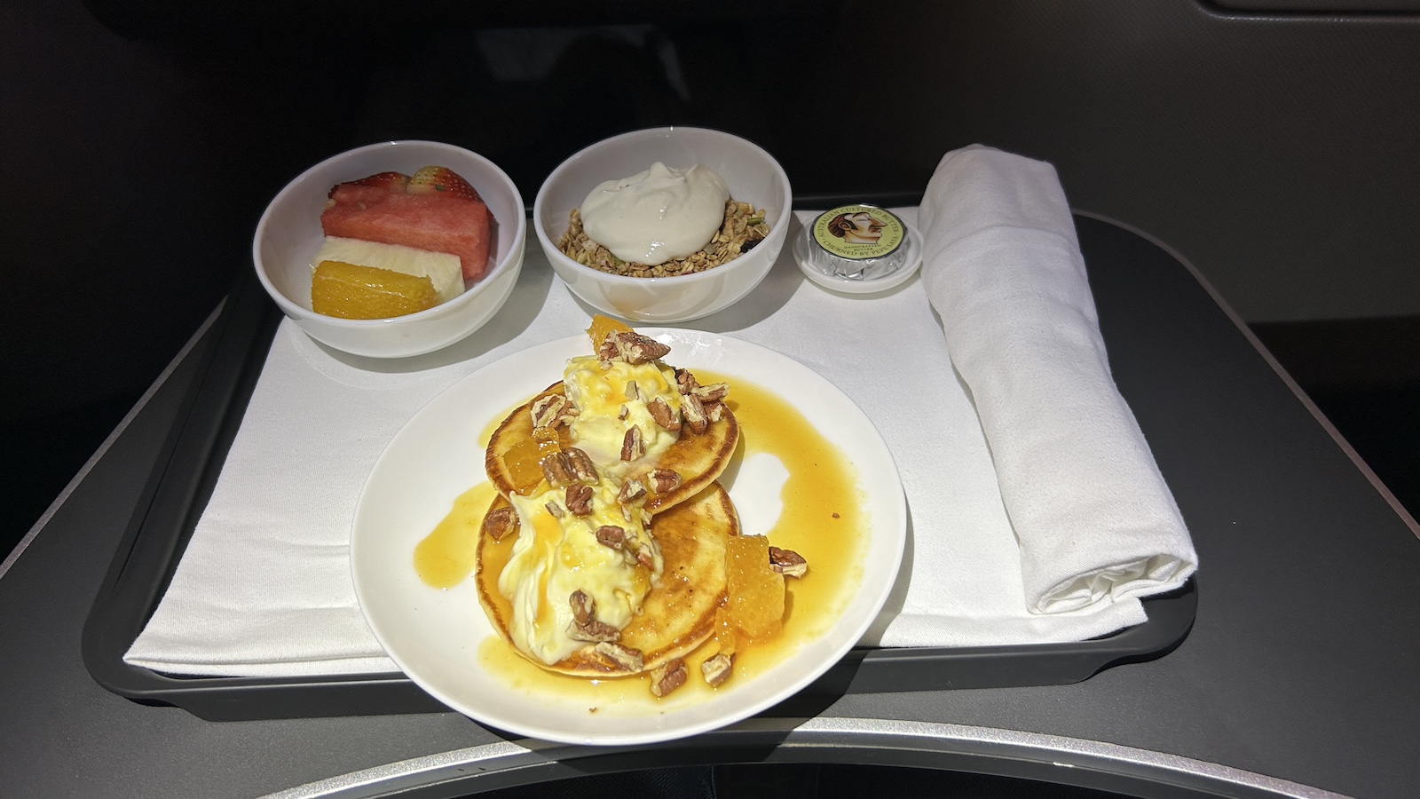 Qantas Perth Paris Business Class Pancakes on Plate Point Hacks by Daniel Sciberras