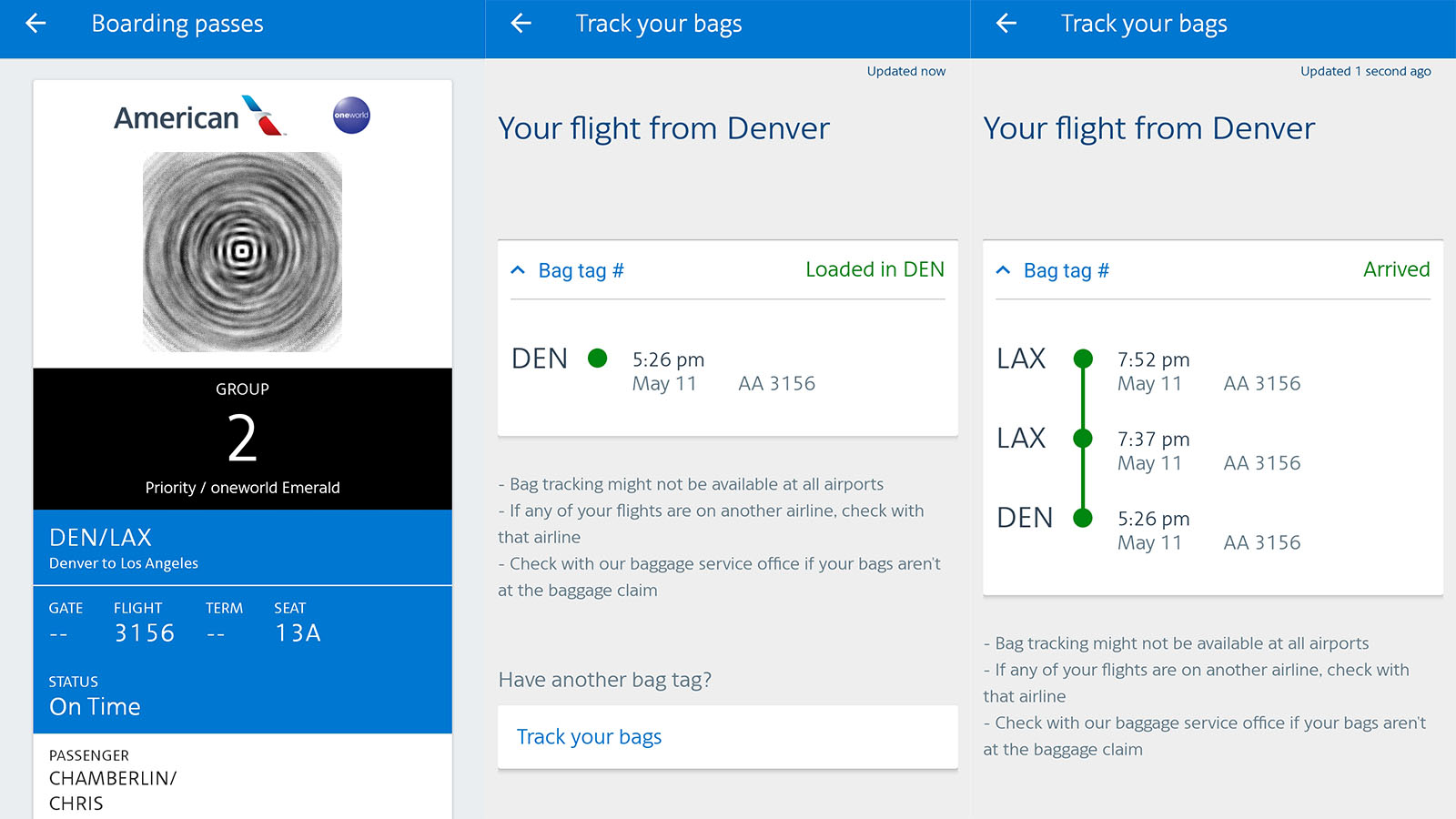 Baggage tracking flying American Eagle Embraer E175 Economy Class