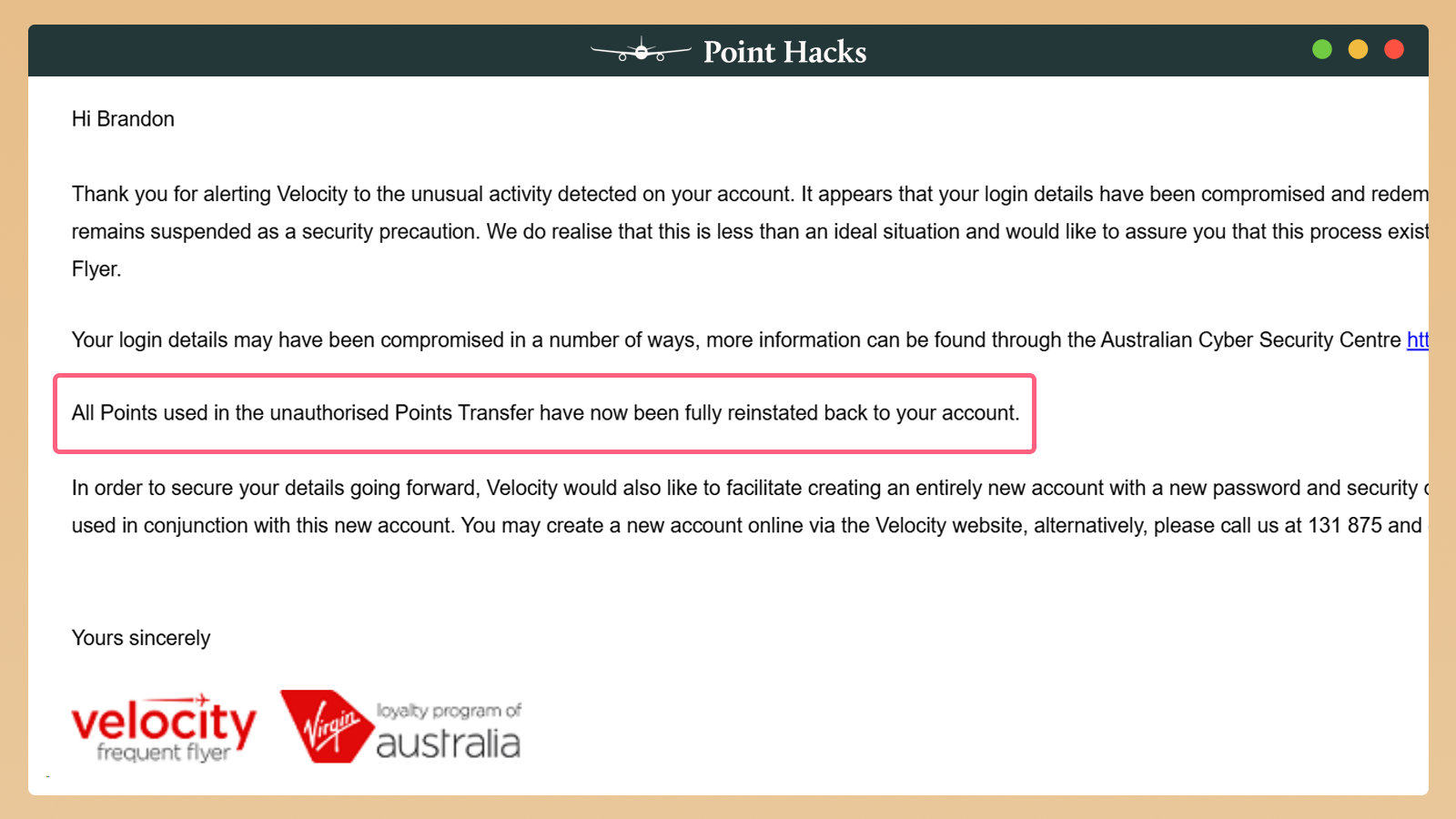Velocity reinstated points email