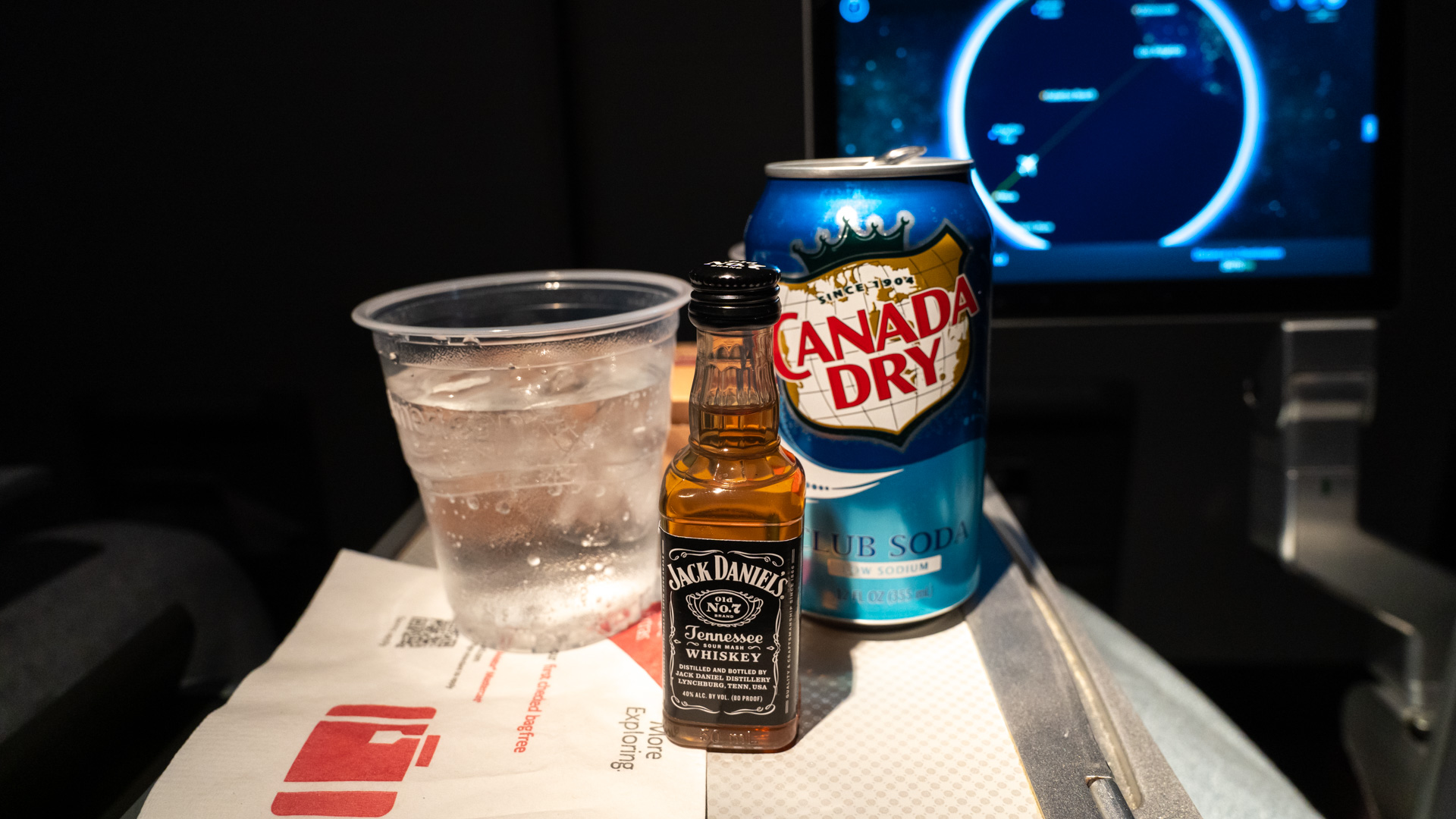 American Airlines Premium Economy whiskey soda