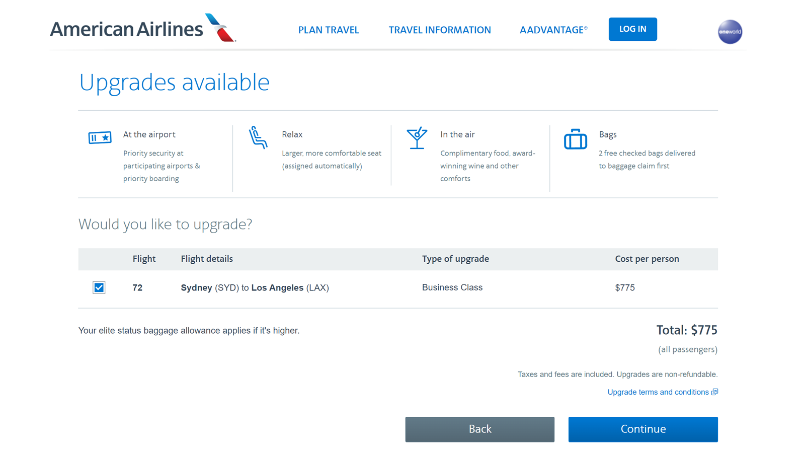 American Airlines Premium Economy upgrade price