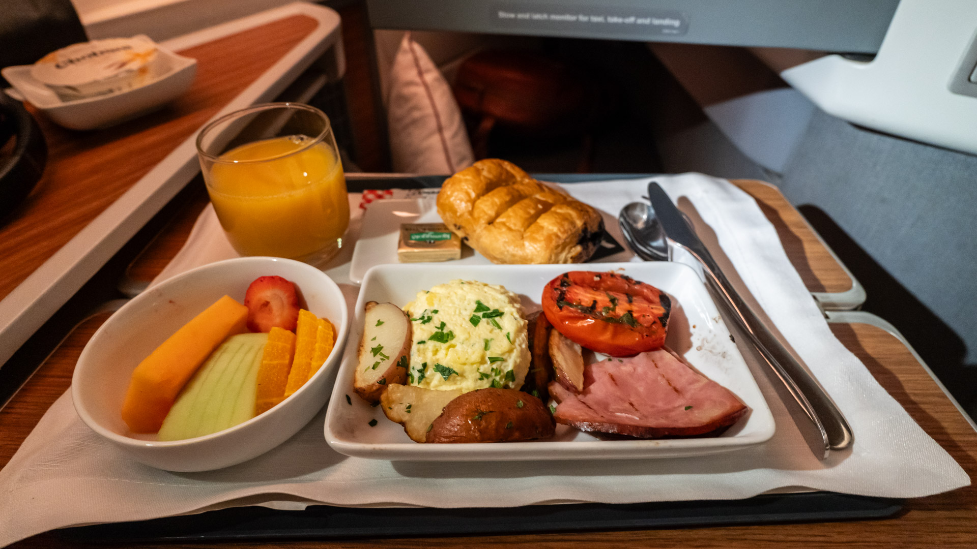 American Airlines Business Class hot breakfast