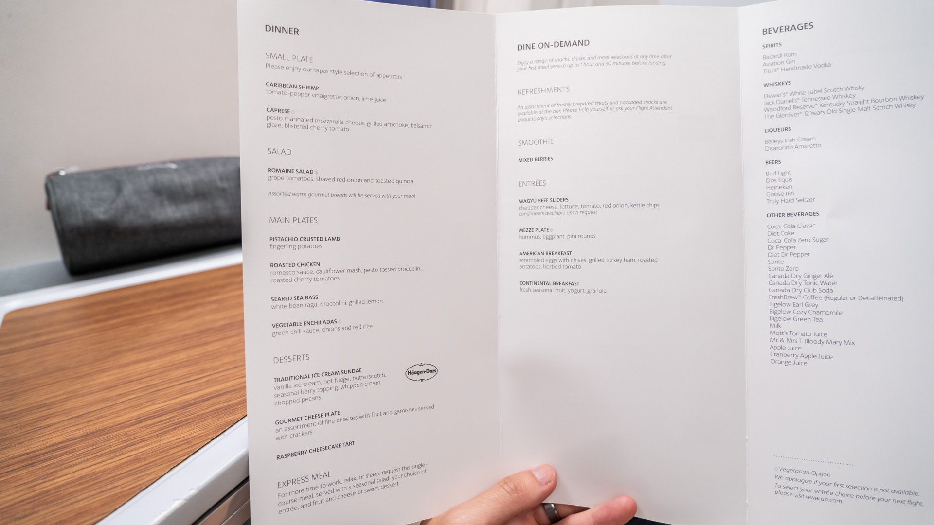 American Airlines Business Class food menu