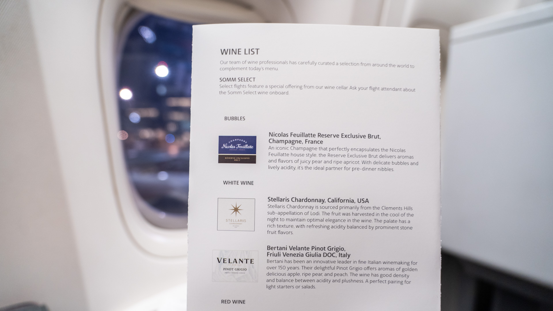 American Airlines Business Class wine list