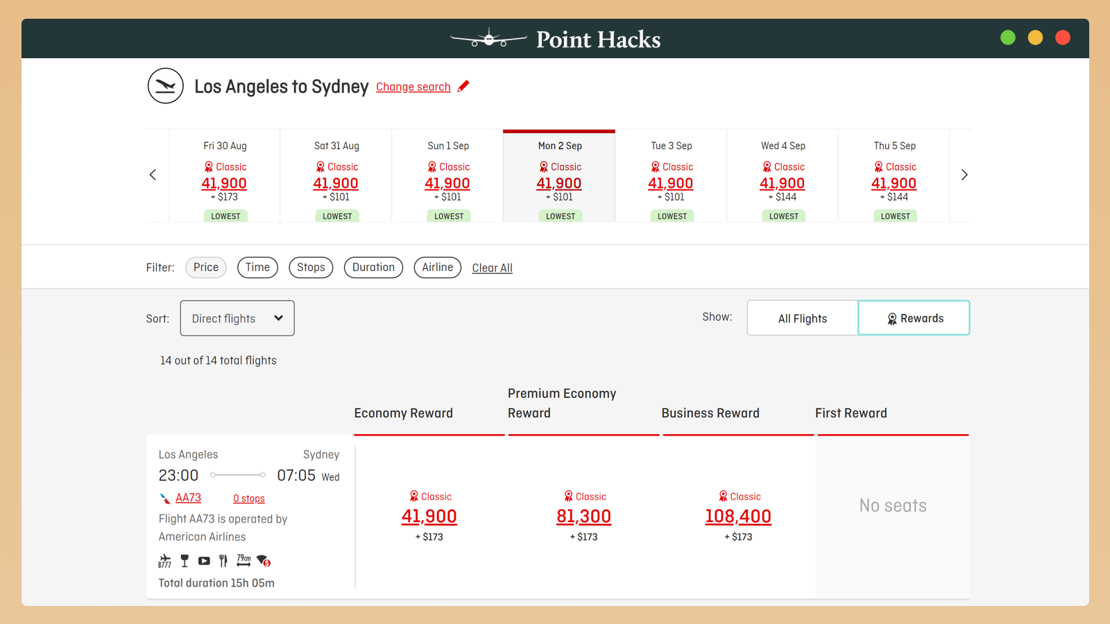 American Airlines Business Class Qantas Points search