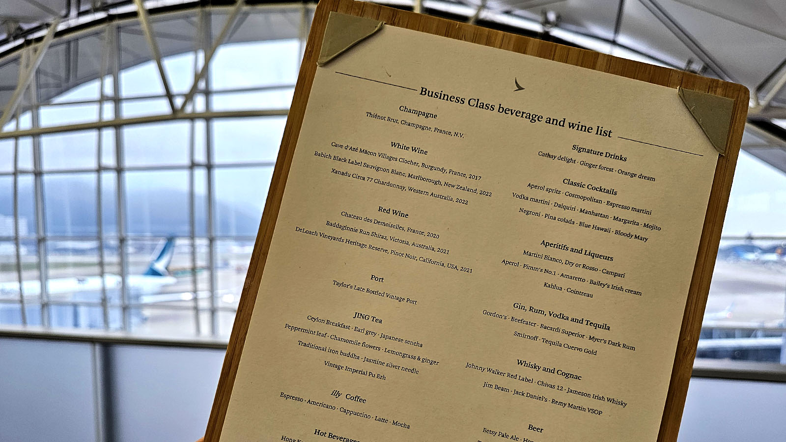 Wine list in Cathay Pacific The Wing Business Class