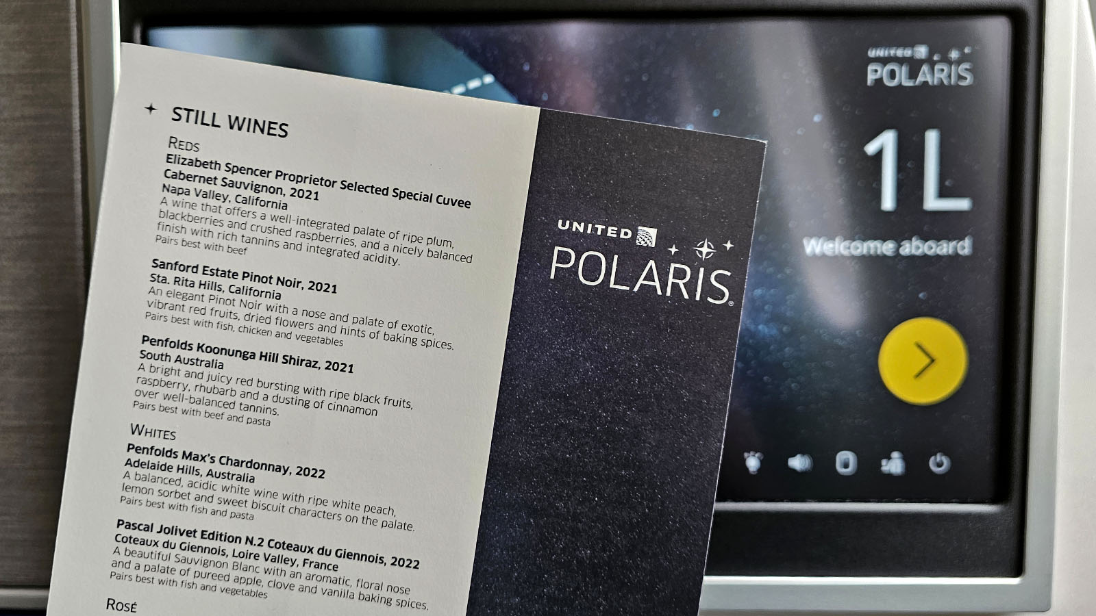 Menu in Boeing 787 United Polaris