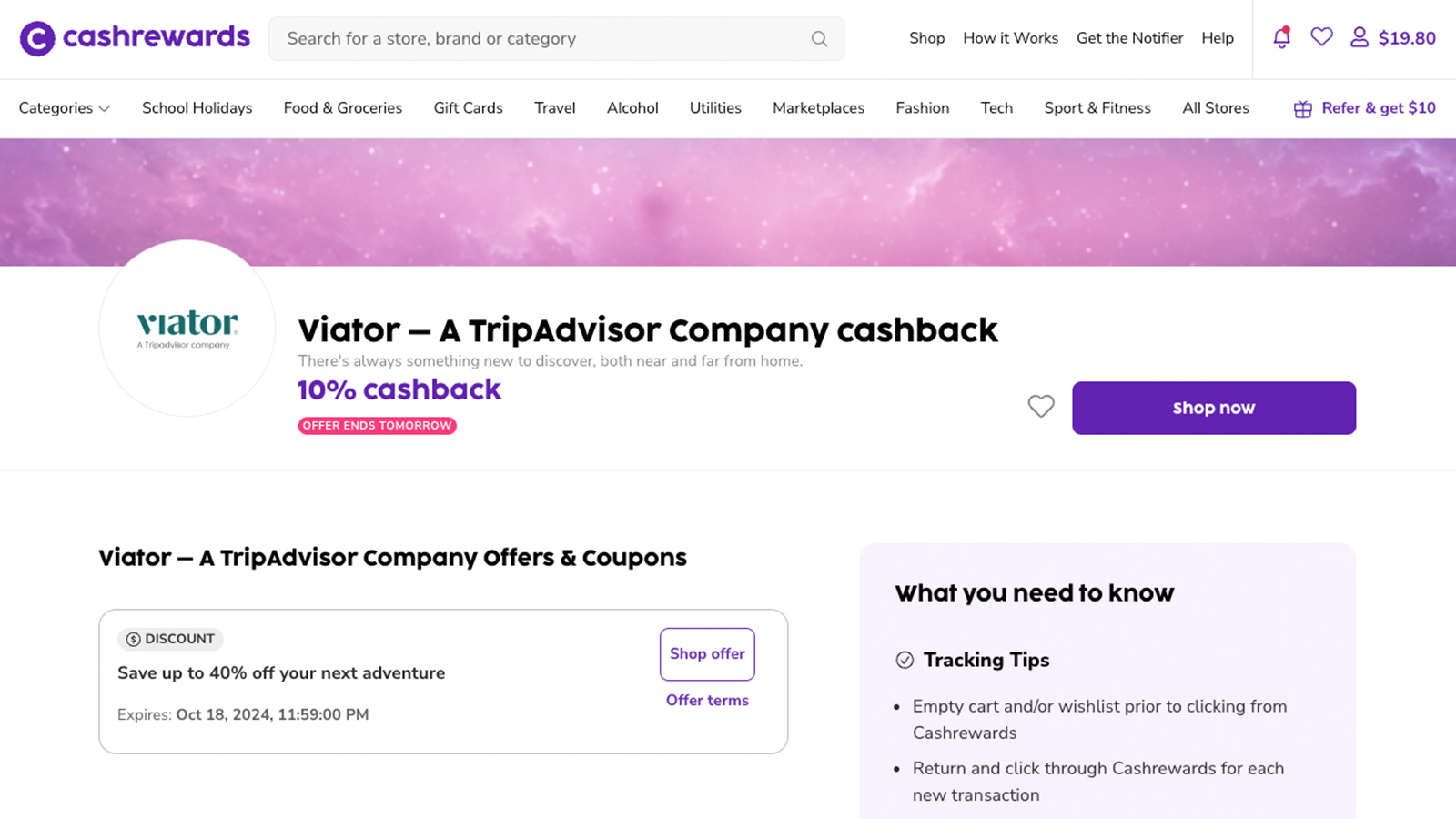 Viator Cashrewards cashback