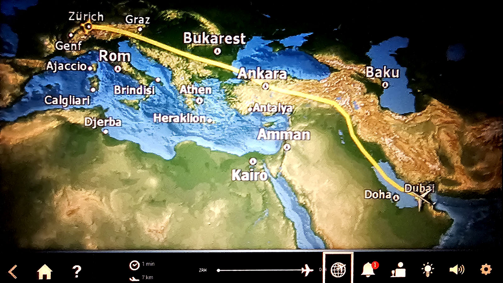 Flight path in SWISS Airbus A330 Business Class