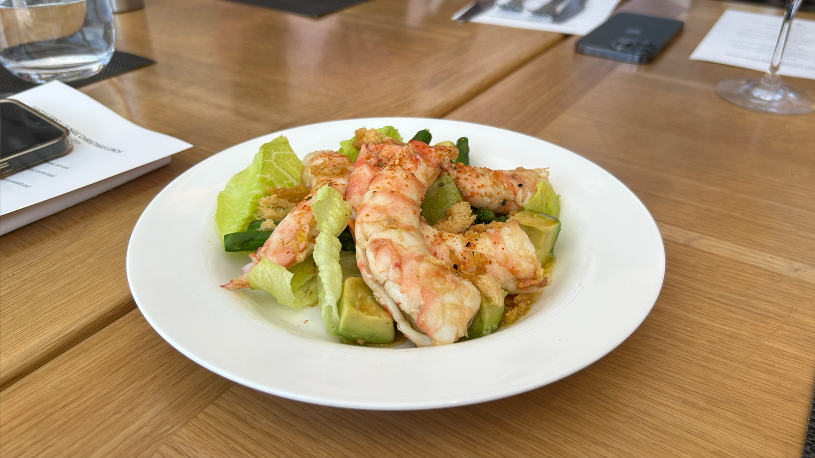 Neil's salad of Skull Island prawns with asparagus, avocado and tograshi spice