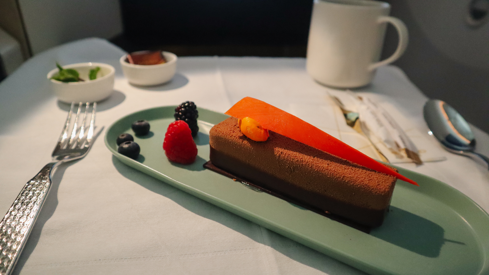 Chocolate orange cake dessert on Etihad Boeing 787 Business Class Studio