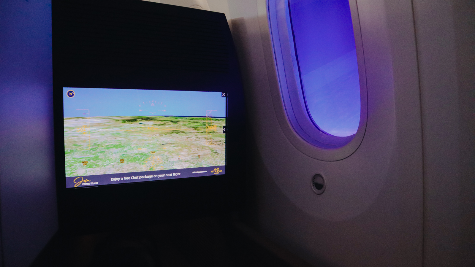 TV screen and Dreamliner window on Etihad Boeing 787