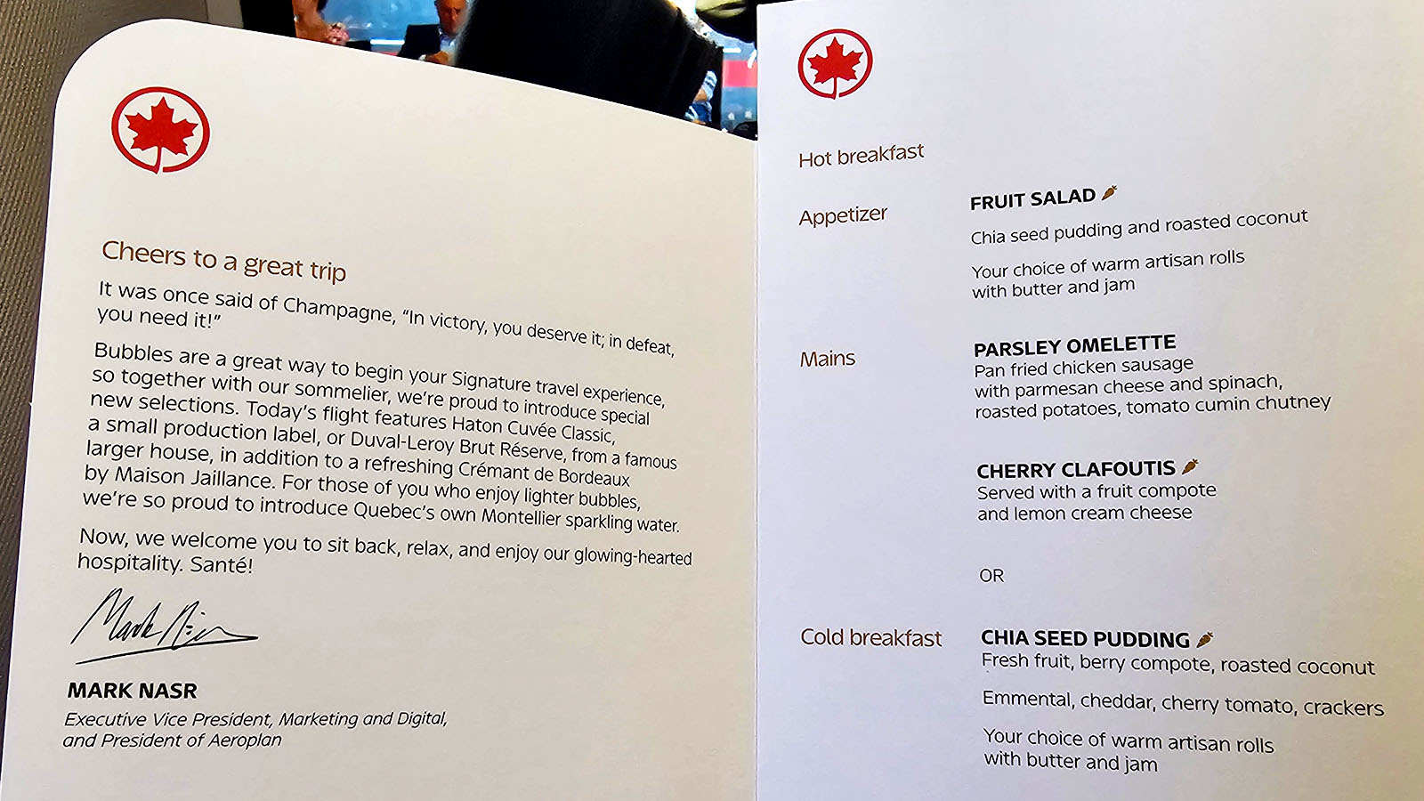 Food and drink options in Air Canada Airbus A330 Signature Class