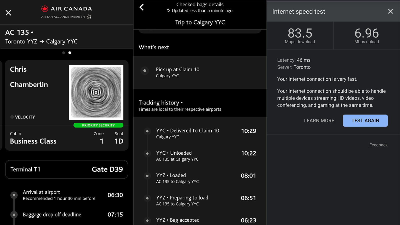 Mobile app used when flying Air Canada Airbus A330 Signature Class